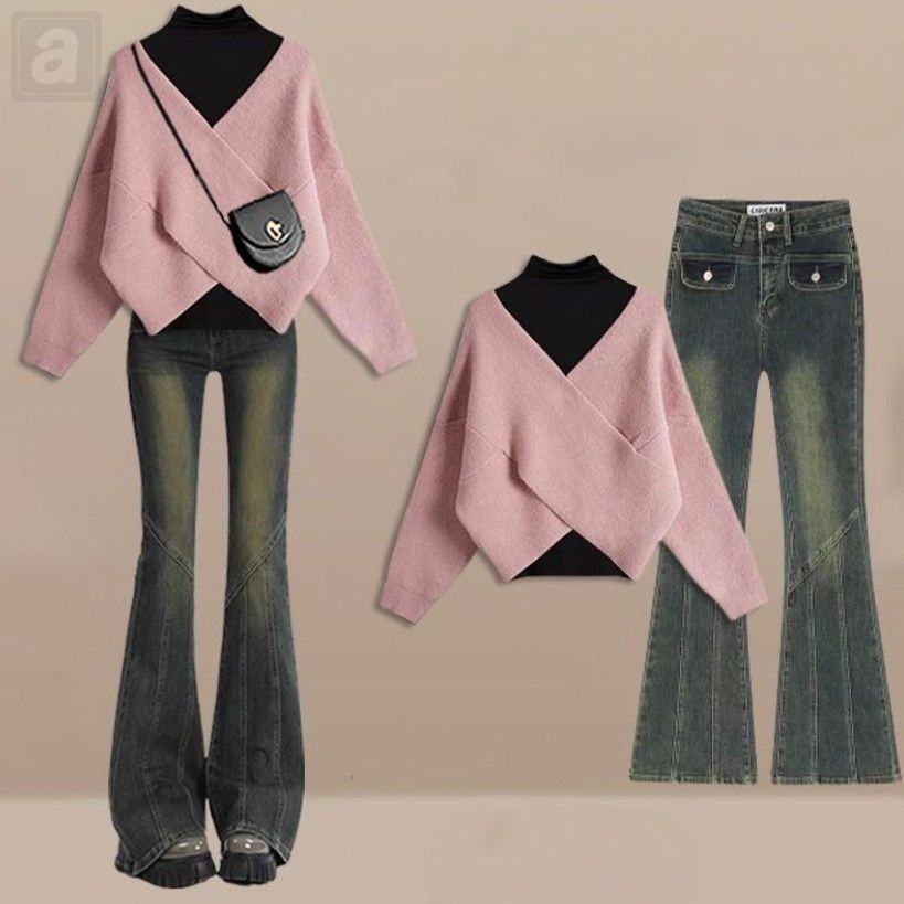 粉色毛衣+黑色上衣+藍色牛仔褲/三件套