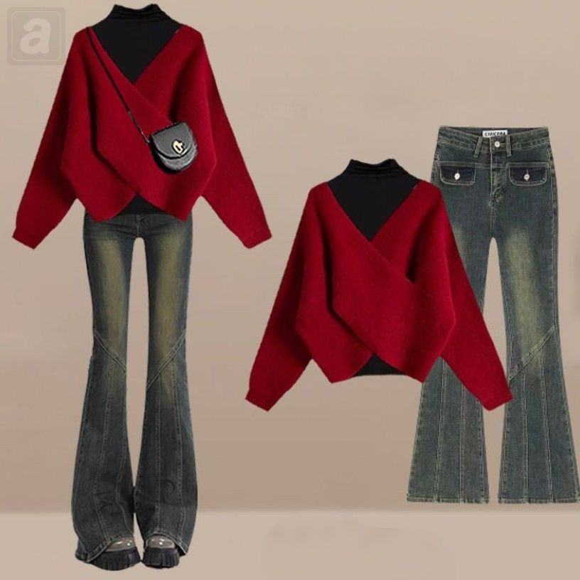 紅色毛衣+黑色上衣+藍色牛仔褲/三件套