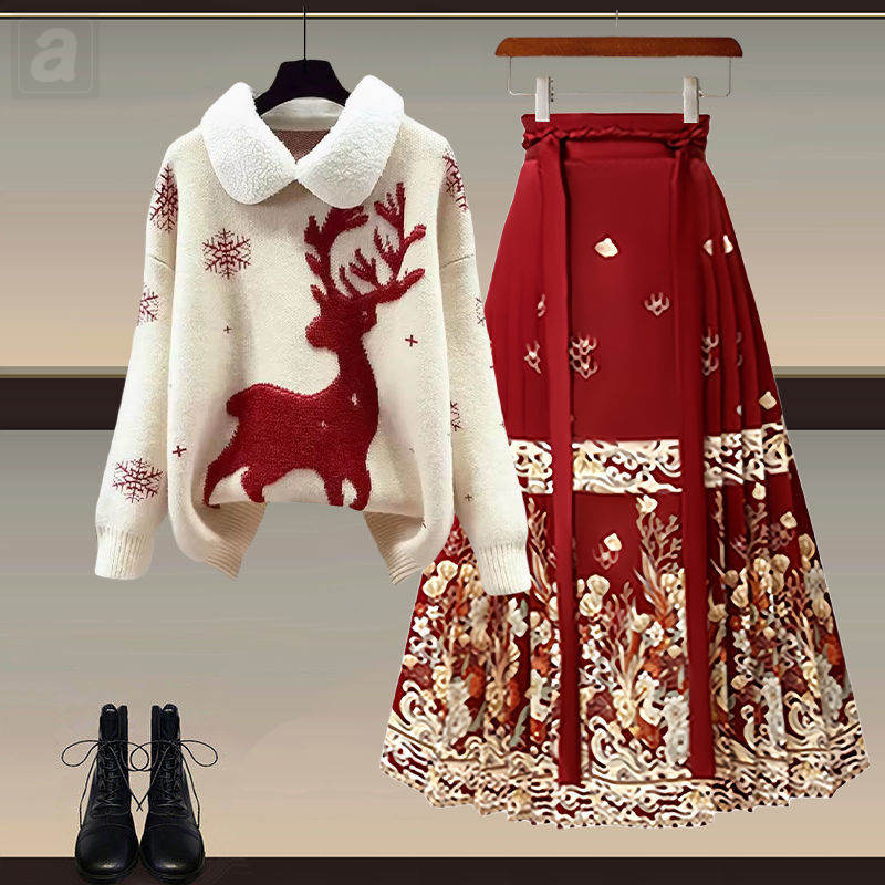 米白色/針織+紅色/馬面裙