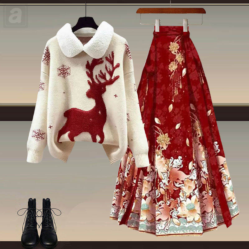 米白色/針織+紅色/馬面裙（國風）