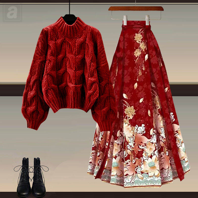 紅色/針織+紅色/馬面裙