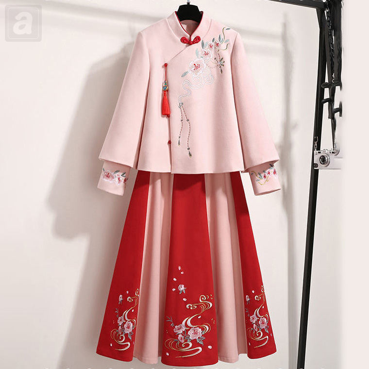 粉色/上衣+紅色/半身裙