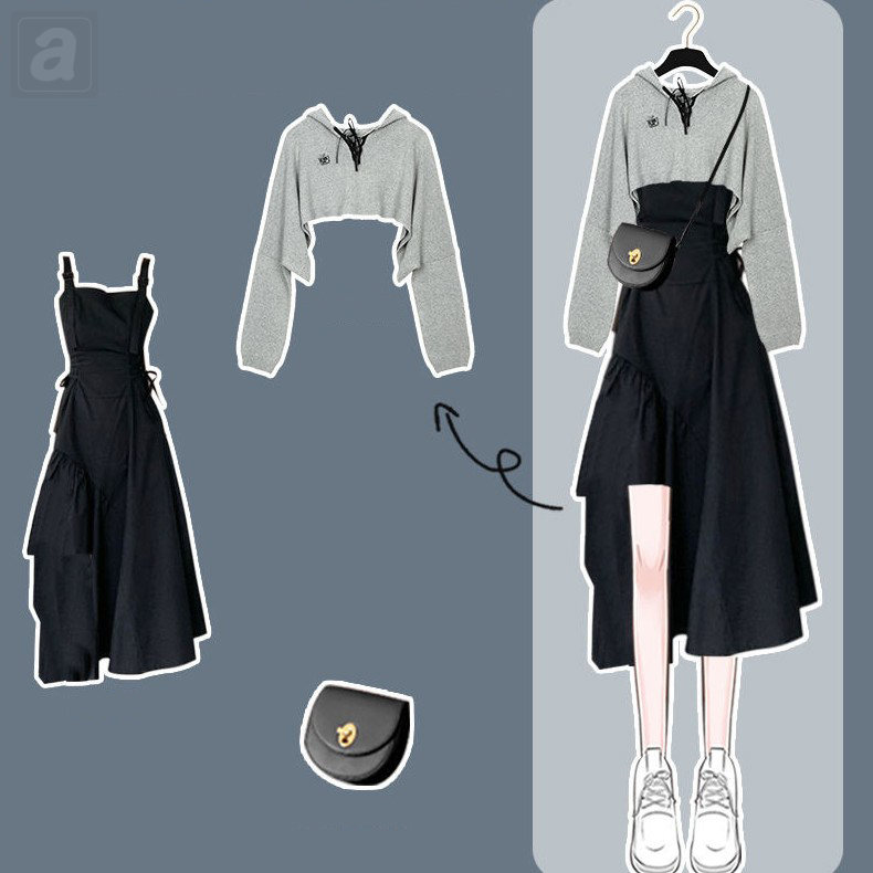 灰色/衛衣+黑色/吊帶裙