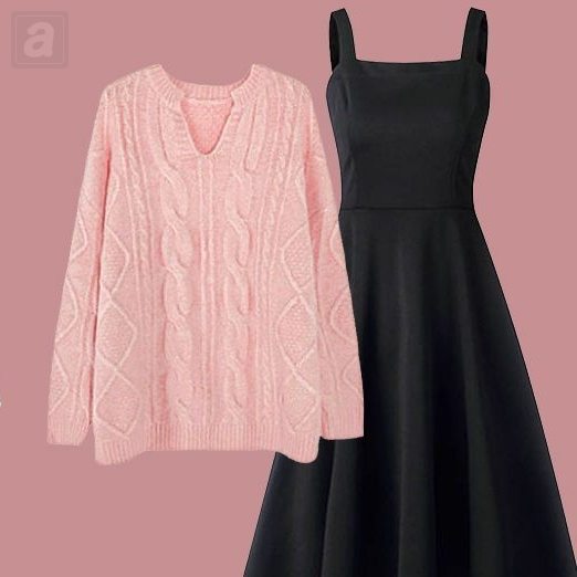 粉色毛衣+黑色洋裝/兩件套