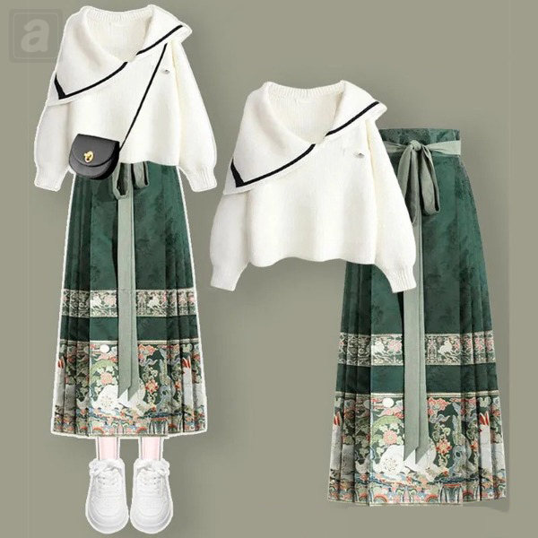 白色毛衣+綠色馬面裙/套裝