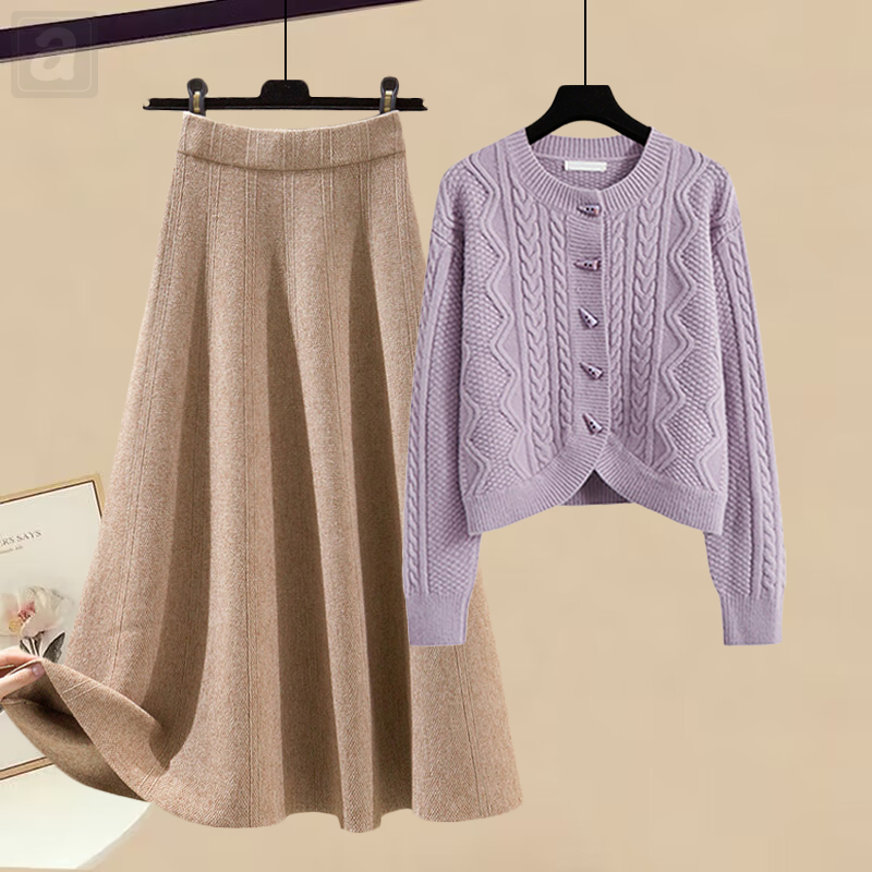 紫色毛衣+咖色半身裙/套裝