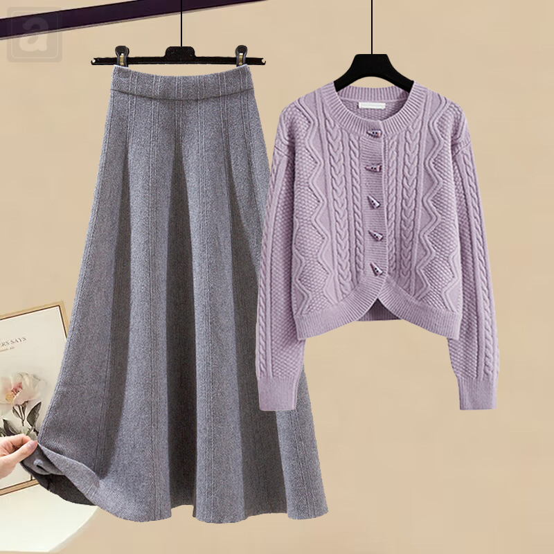 紫色毛衣+灰色半身裙/套裝