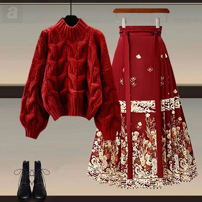 紅色毛衣03+紅色馬面裙02