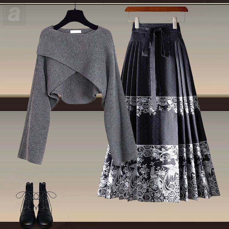 灰色毛衣+黑色半身裙02