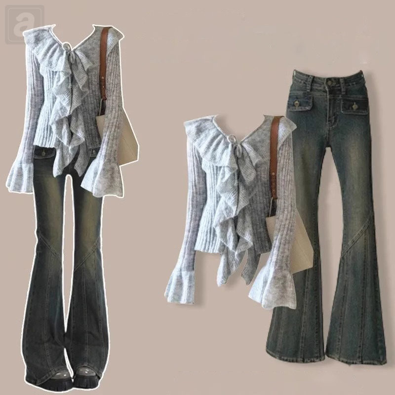 灰色/針織開衫+深灰色/牛仔褲