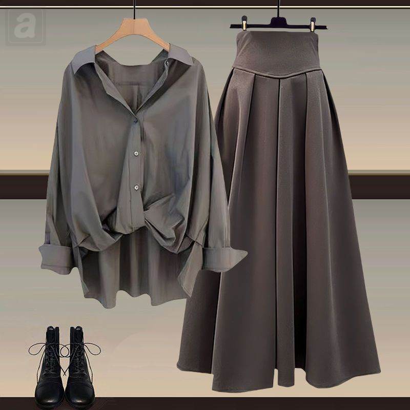 灰色/襯衫+咖啡色/半身裙類