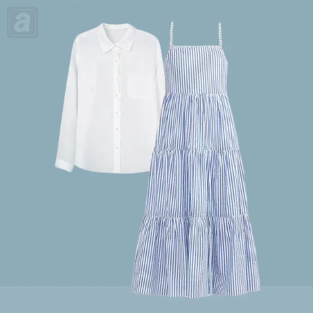 白色/襯衫+藍色/吊帶裙