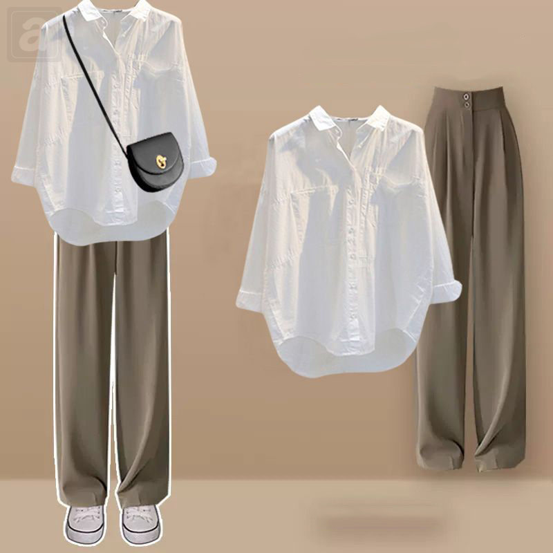 白色襯衫+咖色褲子/兩件套