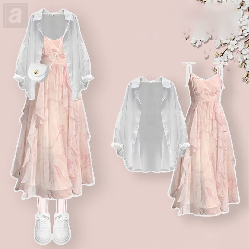 白色/襯衫+粉色/長洋裝