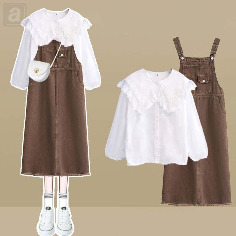 白色襯衫+棕色背心裙