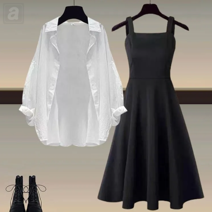 白色襯衫+黑色連衣裙01