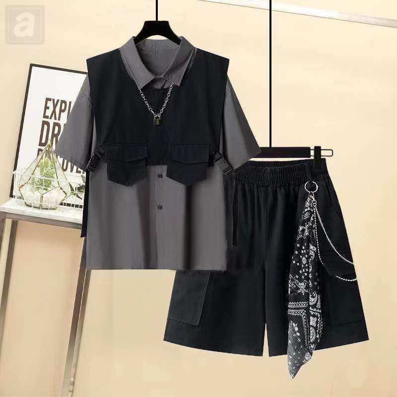 灰色/襯衫+黑色/馬甲+黑色01/短裤