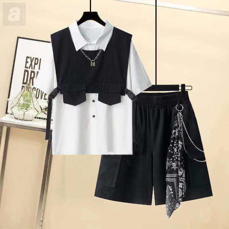 白色/襯衫+黑色/馬甲+黑色01/短裤