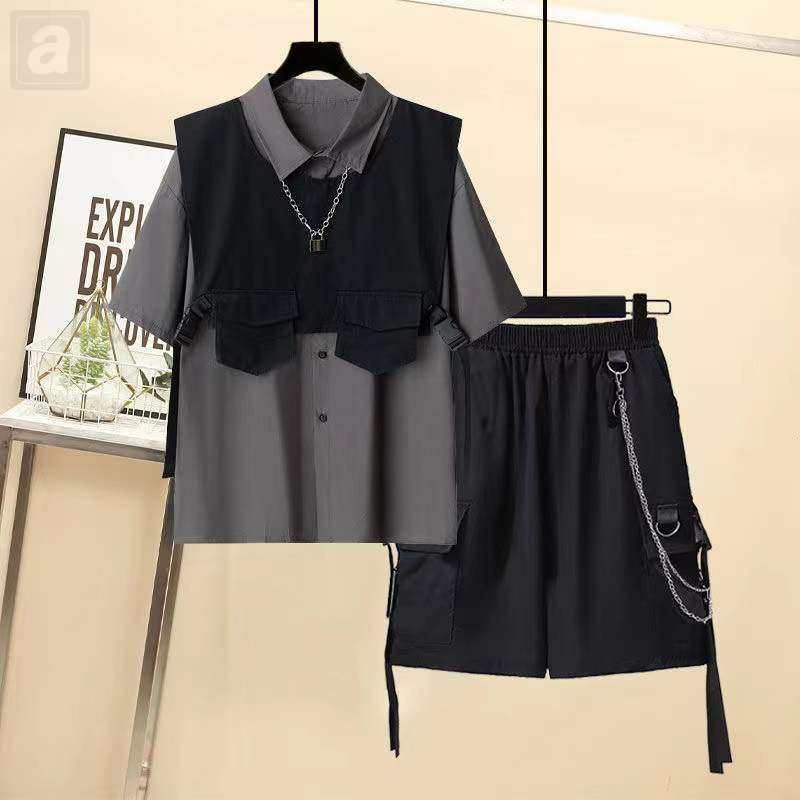 灰色/襯衫+黑色/馬甲+黑色02/短裤