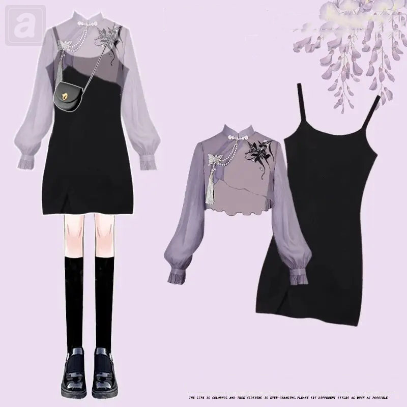 紫色罩衫+黑色吊帶裙02