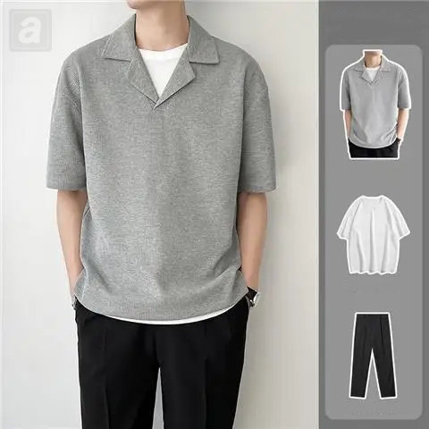 灰色襯衫+白色T恤+黑色西褲