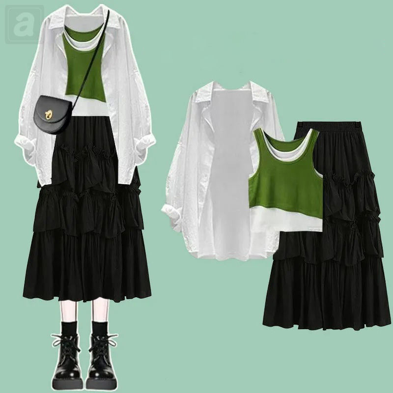 白色襯衫+綠色背心+黑色半身裙