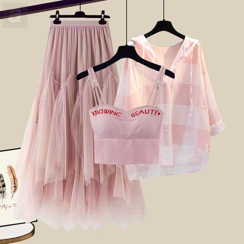 粉色半身裙+粉色襯衫+粉色背心/三件套