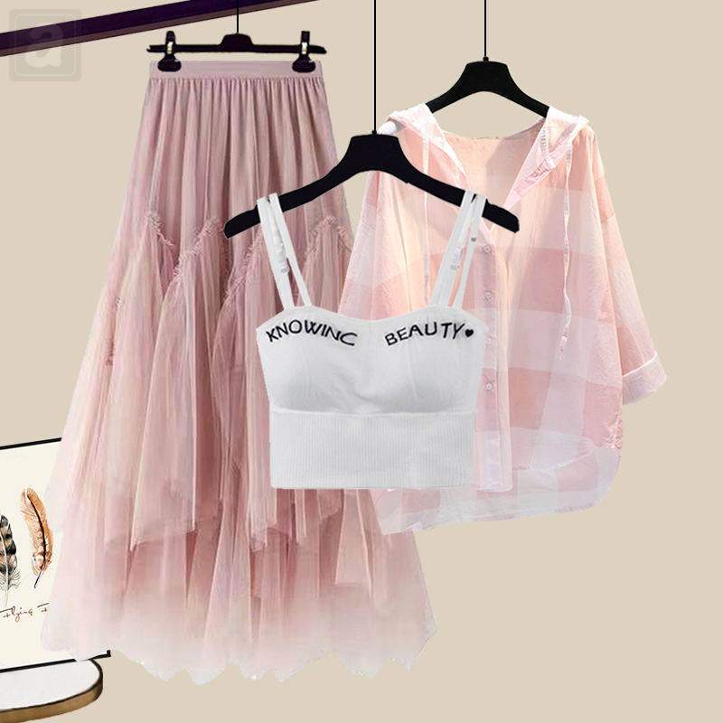 粉色半身裙+粉色襯衫+白色吊帶/三件套