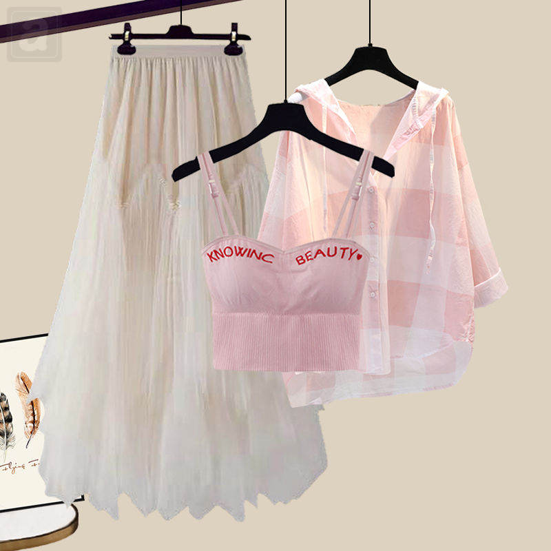杏色半身裙+粉色襯衫+粉色吊帶/三件套