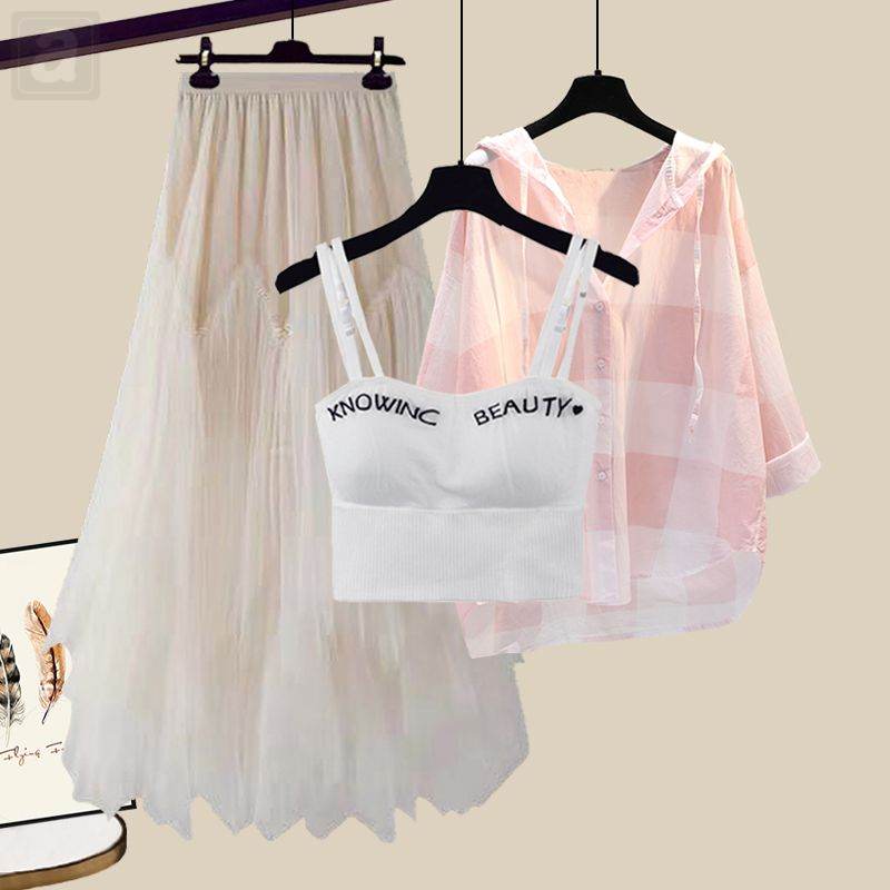 杏色半身裙+粉色襯衫+白色吊帶/三件套
