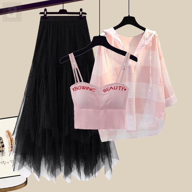 黑色半身裙+粉色襯衫+粉色吊帶/三件套