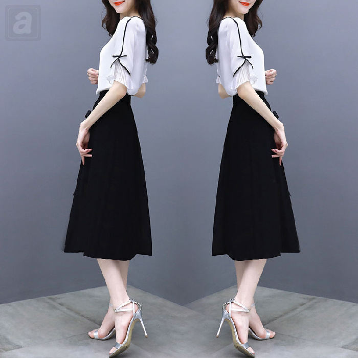 白色/雪紡衫+黑色/半身裙類