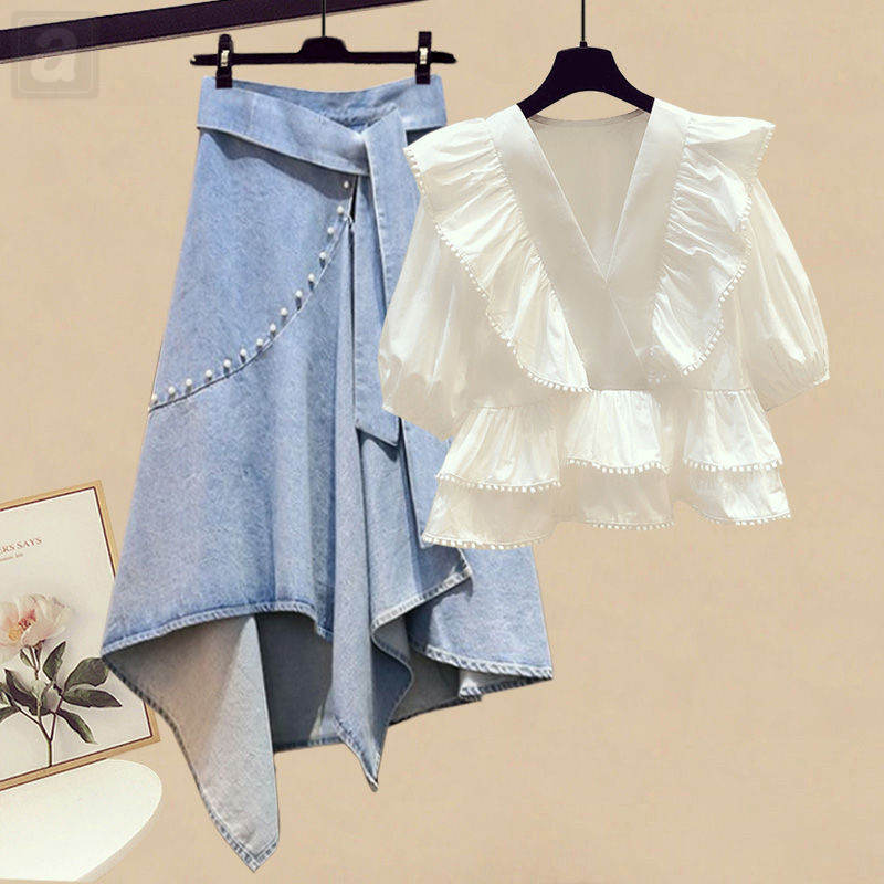 白色/襯衫+藍色/半身裙