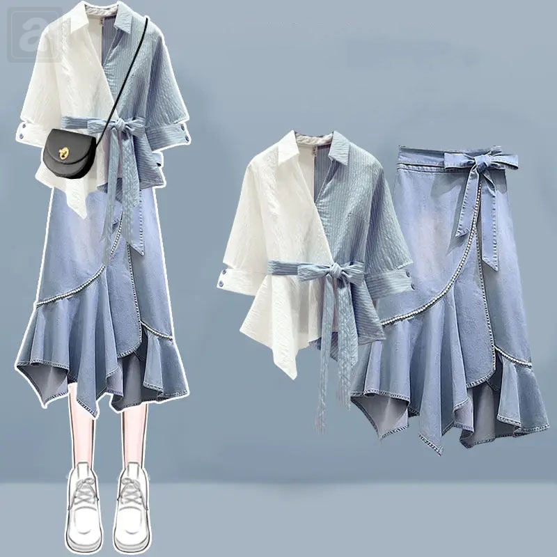 白色/襯衫+藍色/半身裙類