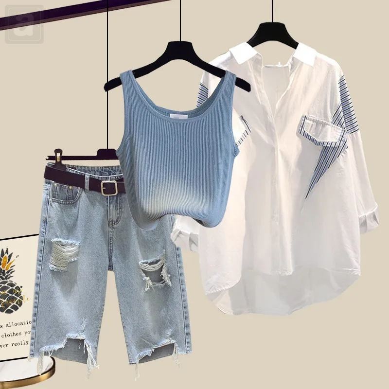 白色/襯衫+藍色/背心+藍色/牛仔褲