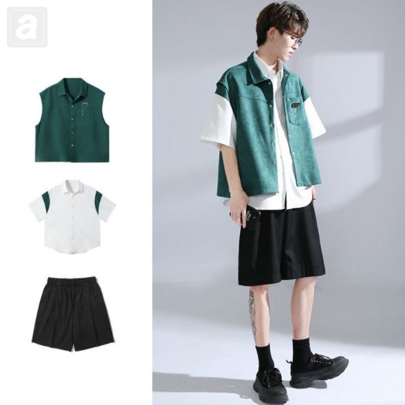 綠色馬甲+白拼綠襯衫+黑色短褲