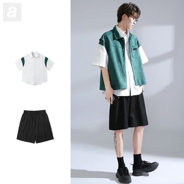 白拼綠襯衫+黑色短褲