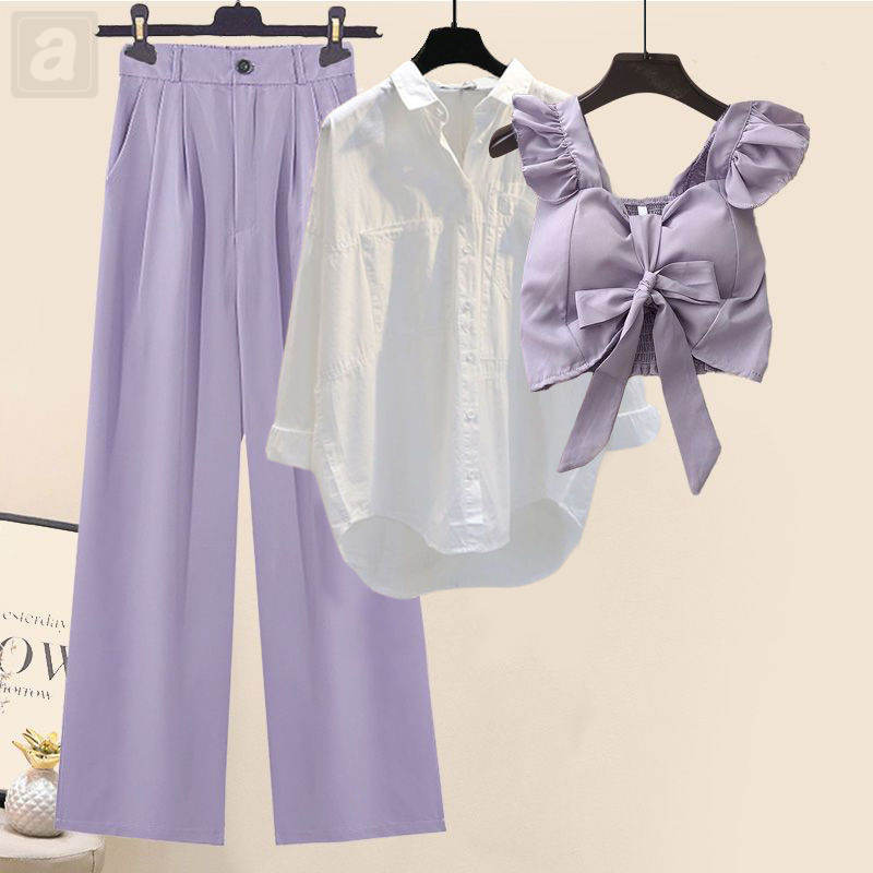 紫色吊帶+白色襯衫+紫色褲子