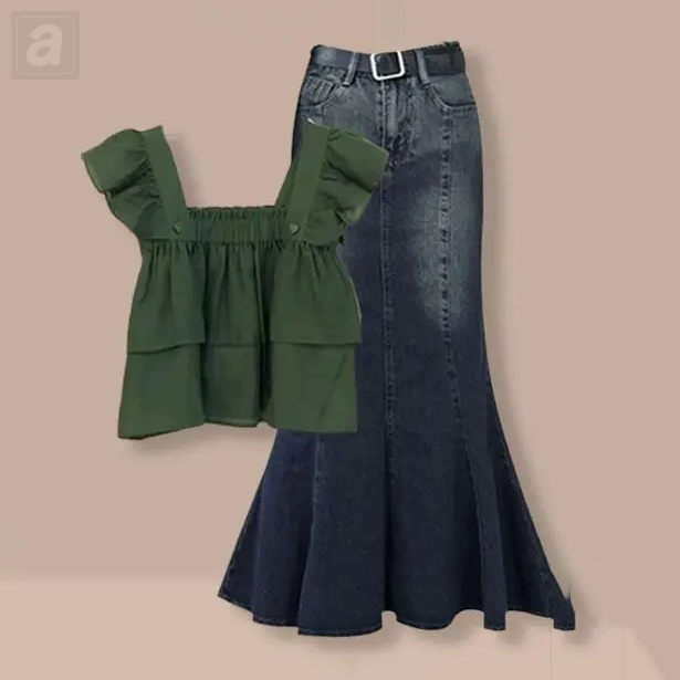綠色/T恤+藍色/魚尾半身裙