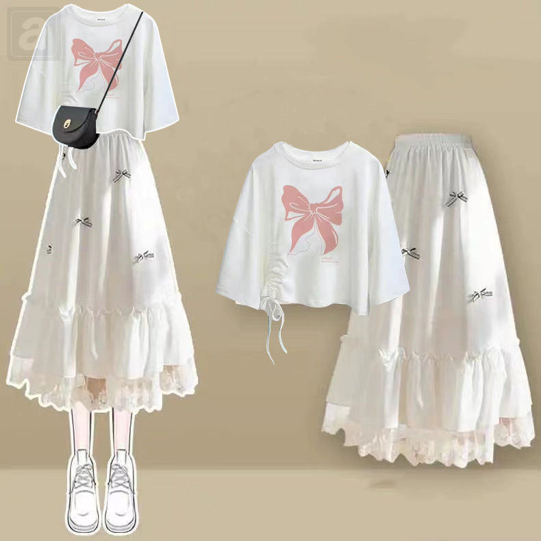 粉蝴蝶T恤+半身裙/套裝