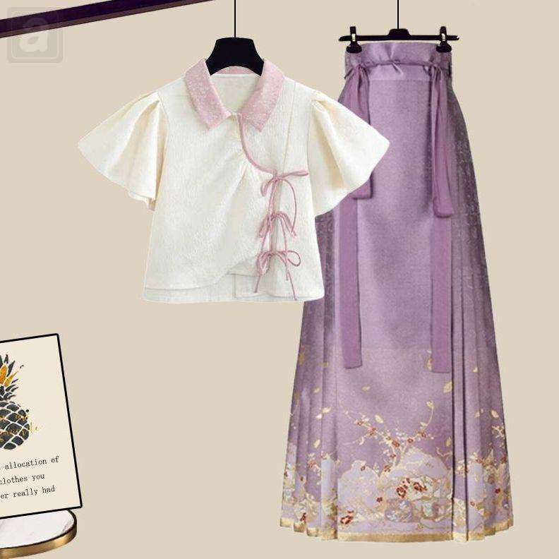 白色/T恤+紫色/半身裙